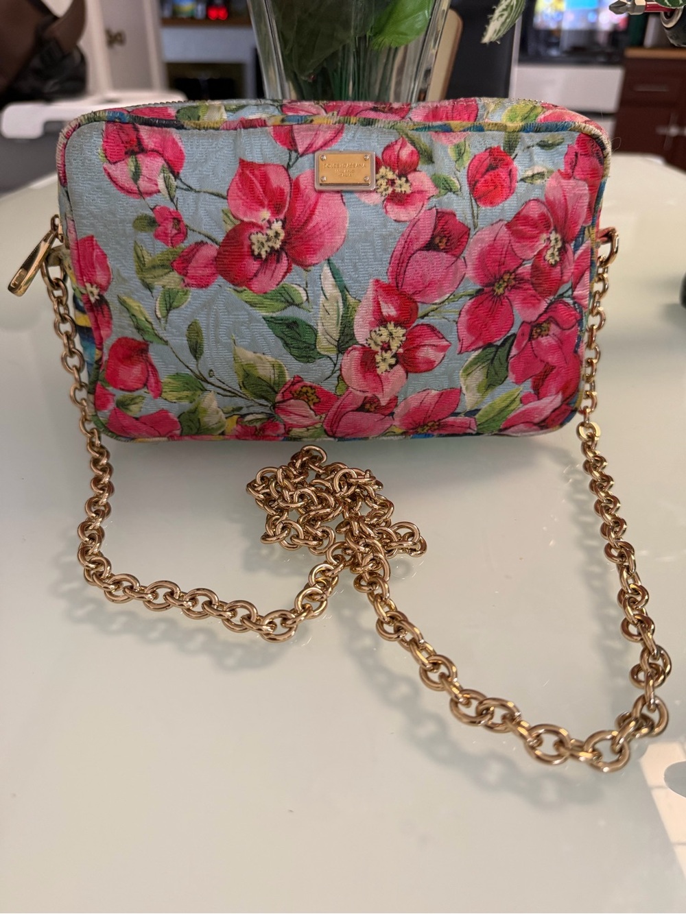 Dolce & Gabbana Pink Floral Crossbody with Gold Chain